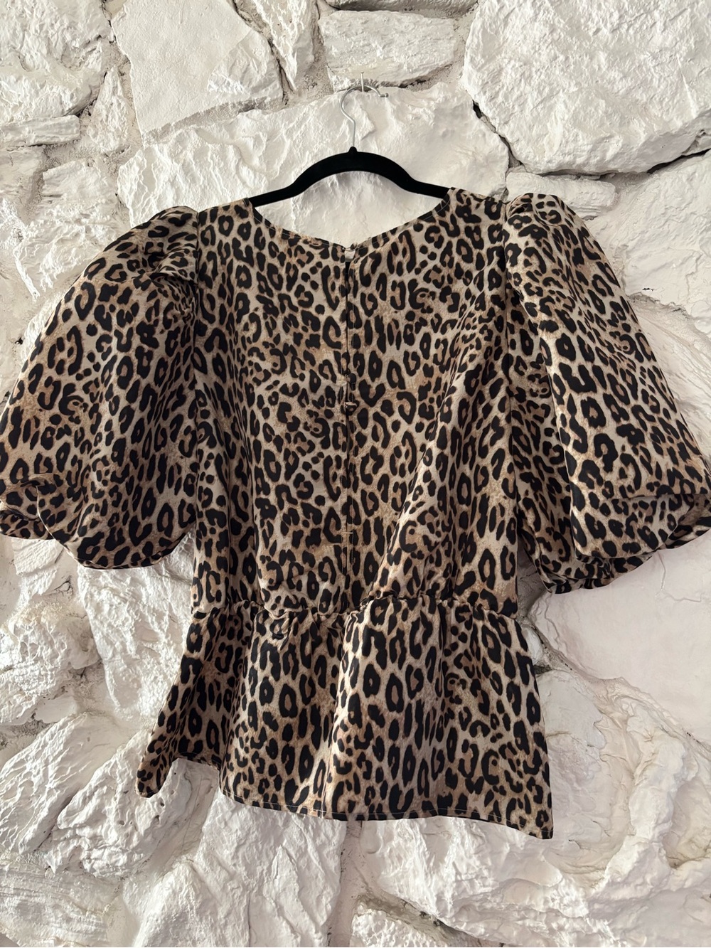 H&M Leopard Print Puff Sleeve Peplum Top - Brown/Black